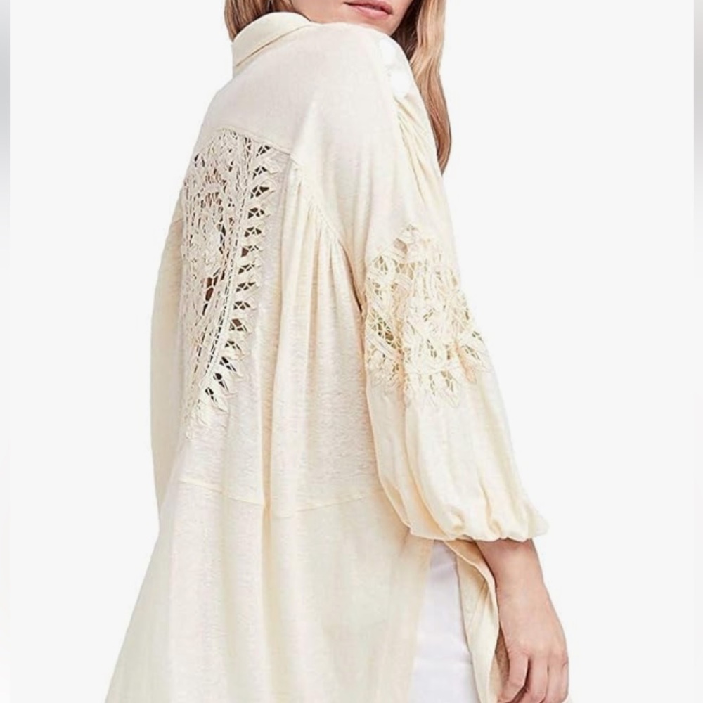 Free People Memory Lane Shirt oversized size S long jersey and lace  ivory tunic